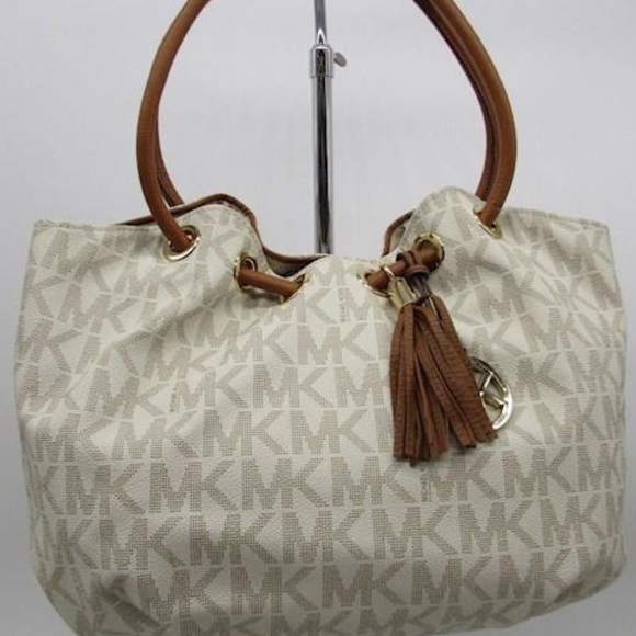 Michael Kors Handbags - Authentic Michael Kors Cream & Tan Leather Logo Shoulder Handbag Purse NWOT